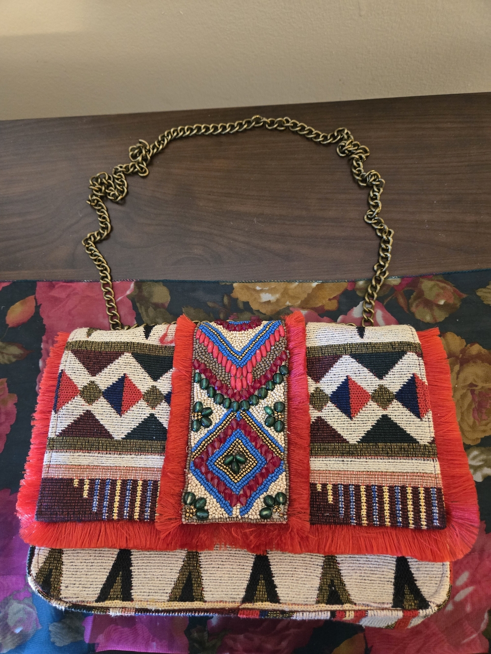 Boho Beaded Red Fringe Crossbody Bag